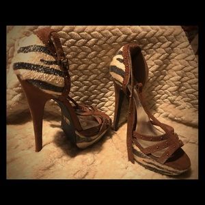 Brown Zebra Print Strappy Open Toe Heels